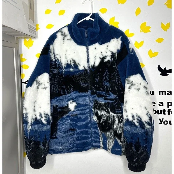 Zara Wolf Landscape Design‎ Borg Teddy Mock Neck Full Zip Fleece Jacket Size M - Picture 4 of 15